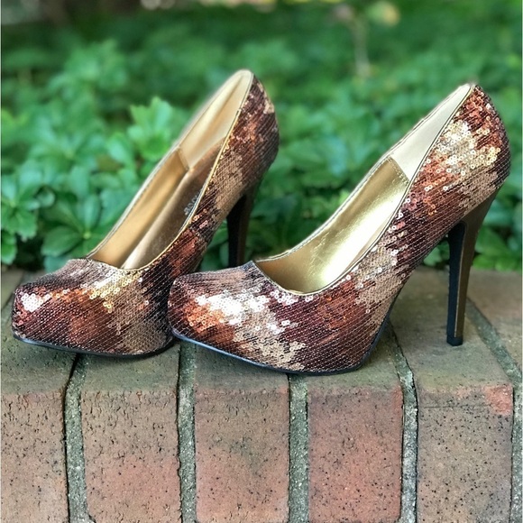 JUST FABULOUS 7.5 Copper Sequins Platform Pumps Size 7.5 - Picture 12 of 16
